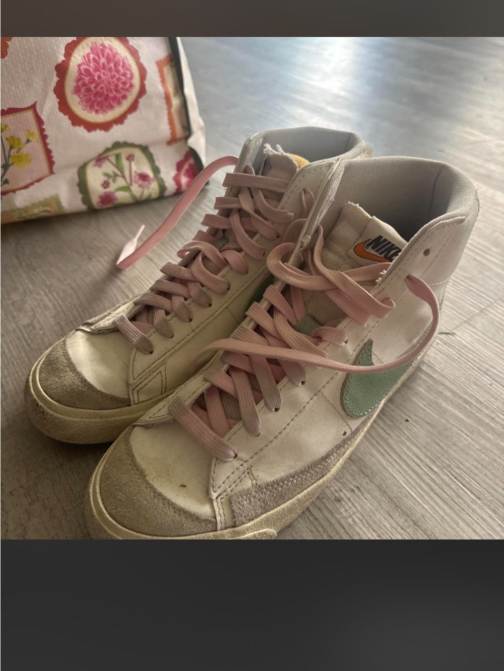 Nike Women's High-Top Sneakers in White with Mint Swoosh and Pink Laces